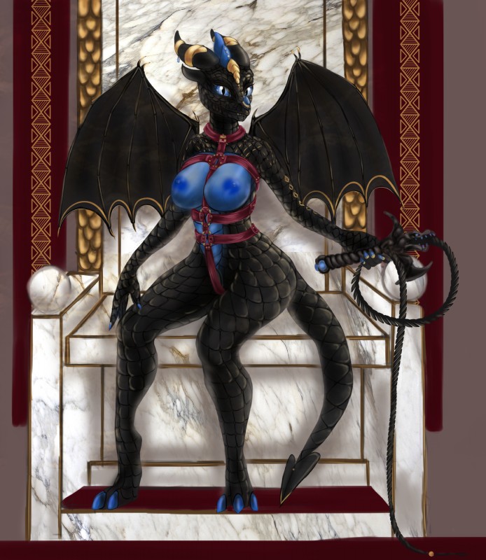 anthro big_breasts black_body black_skin blue_body blue_eyes breasts chair dominatrix female furniture harness horn looking_at_viewer non-mammal_breasts nude queen royalty scales simple_background solo tail throne whip wings conditional_dnp mdwines mythology domina dragon mythological_creature mythological_scalie scalie absurd_res digital_media_(artwork) hi_res