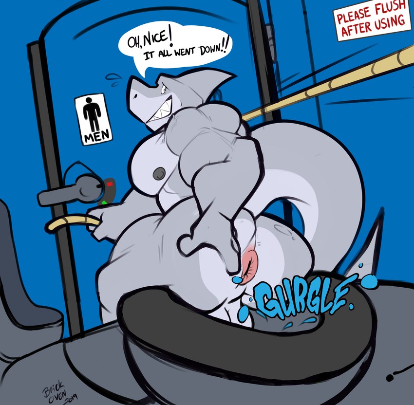 anthro anus balls bathroom big_anus big_butt butt custom_toilet desperation feces flushing_toilet genitals gurgle_(sound_effect) male muscular muscular_male onomatopoeia pooping portapotty rear_view relieved solo sound_effects speech_bubble spread_butt spreading text toilet toilet_use brickoven third-party_edit markshark fish marine shark english_text hi_res