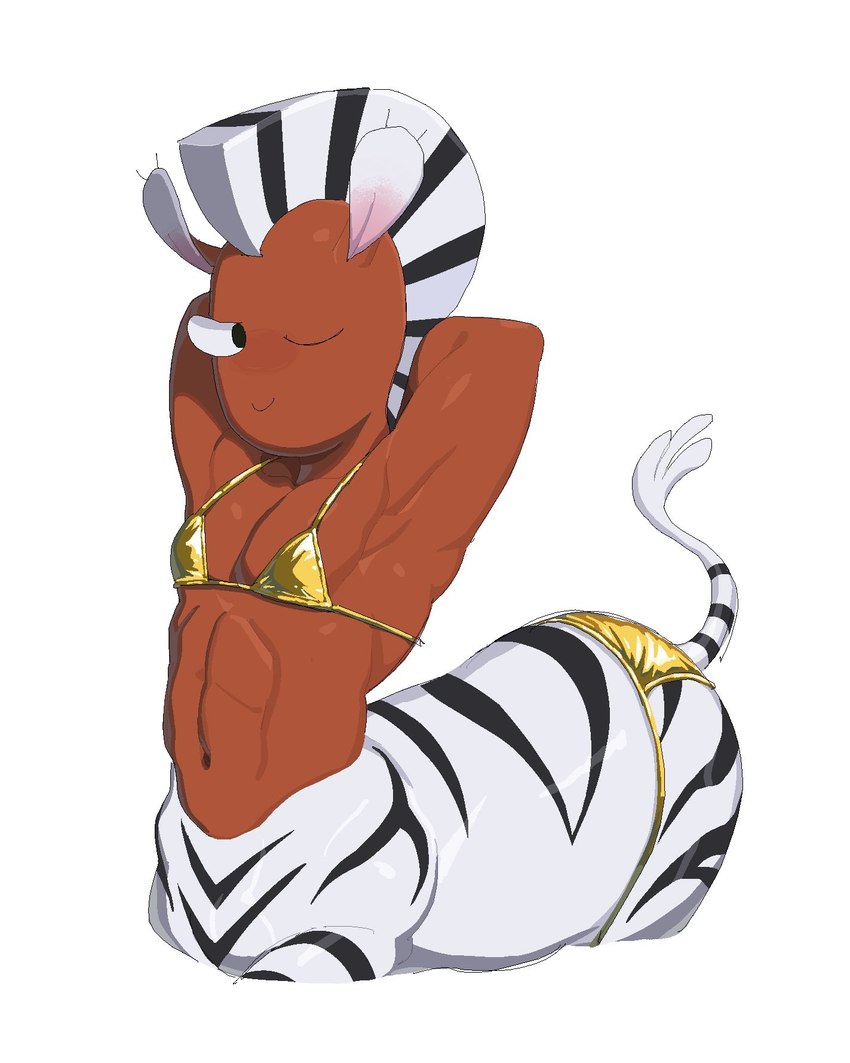 abs animal_ears bikini clothing dark_body dark_skin gold_bikini hair hands_behind_head male muscular muscular_male navel one_eye_closed simple_background smile solo stripes suggestive swimwear tail two-piece_swimsuit wink 20daysapple centaurworld netflix zulius_(centaurworld) equid equid_taur equine equine_taur humanoid_taur mammal mammal_taur taur zebra zebra_taur digital_media_(artwork) hi_res