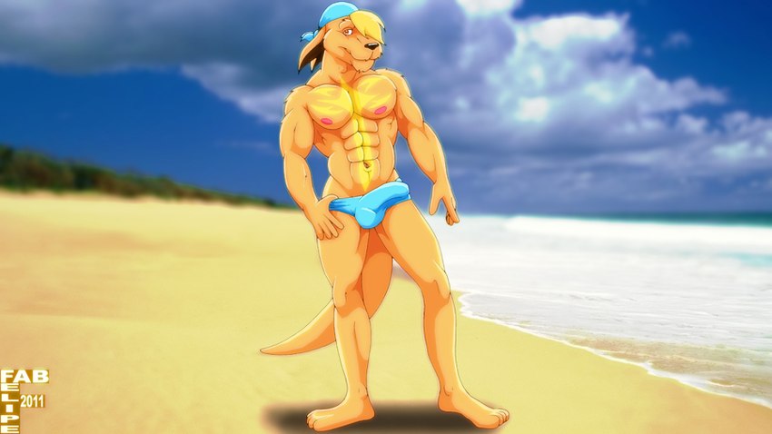 5_fingers abs anthro balls_outline beach biped black_nose blonde_hair blue_clothing blue_kerchief blue_speedo blue_swimwear brown_body brown_fur bulge clothing cloud day detailed_bulge fingers front_view fur genital_outline hair hair_over_eye humanoid_hands kerchief male mostly_nude multicolored_body multicolored_fur muscular muscular_anthro muscular_male navel nipples outside penis_outline pink_nipples pose sand sea seaside shadow sky snout solo speedo standing swimwear tail two_tone_body two_tone_fur water yellow_body yellow_fur fabfelipe kangaroo macropod mammal marsupial 2011 pinup