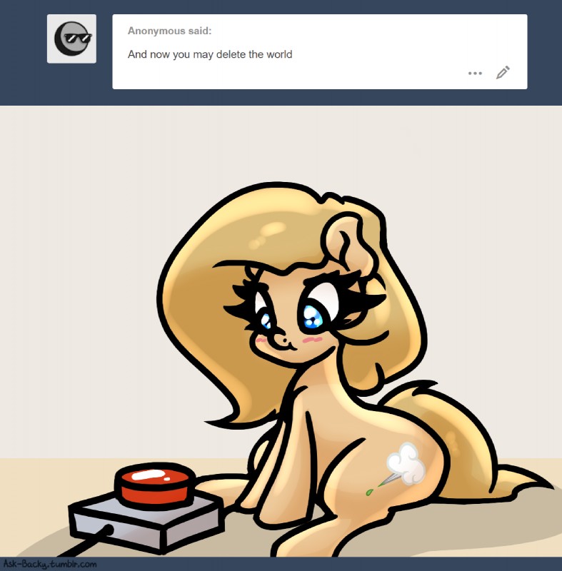 ask_blog blue_eyes blush cutie_mark eyelashes female feral fur hair ominous pushbutton sitting smile solo tan_body tan_fur tan_hair text user_avatar slavedemorto hasbro my_little_pony tumblr backy_(mlp) fan_character earth_pony equid equine horse mammal pony digital_media_(artwork) hi_res