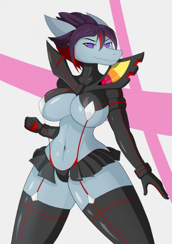 absolute_territory anthro armwear big_breasts black_clothing black_gloves black_handwear bottomwear breasts clothed clothing cosplay curvy_figure female fingers gloves hair handwear ineffective_clothing legwear looking_at_viewer multicolored_hair navel non-mammal_breasts purple_eyes purple_hair simple_background skimpy skirt solo standing stockings thick_thighs thigh_highs two_tone_hair wide_hips dutchsyndicalist kill_la_kill studio_trigger senketsu fish kamui_(kill_la_kill) marine shark digital_media_(artwork) hi_res letterbox