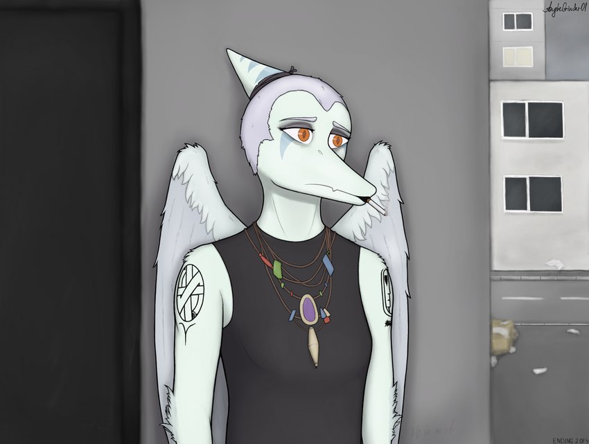 amber_eyes anthro arm_tattoo biped black_clothing black_shirt black_tank_top black_topwear blue_body blue_scales bone_frill building cigarette cigarette_in_mouth city clothing elbow_feathers eyebrows eyeshadow feathered_wings feathers female frill_(anatomy) front_view frown grey_body grey_feathers grey_hair hair jewelry looking_forward makeup markings necklace object_in_mouth outside sad scales shirt short_hair shoulder_tattoo sidewalk solo standing street striped_markings stripes tank_top tattoo text topwear trash window wings anglegrinder01 cavemanon_studios goodbye_volcano_high snoot_game fang_(gvh) prehistoric_species pterodactylus pterosaur reptile scalie 2024 artist_name english_text half-length_portrait hi_res portrait