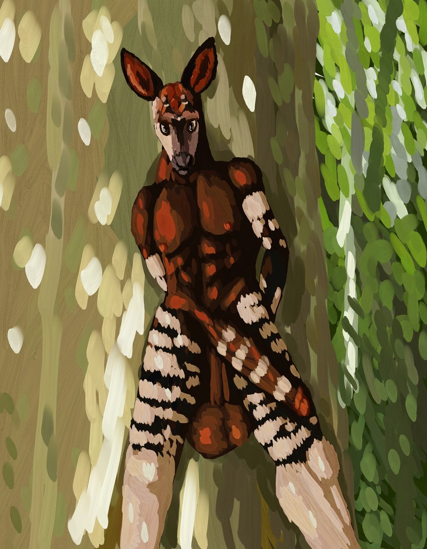 anthro balls big_balls forest genitals horn jungle male ossicone plant solo tree moonringred giraffid mammal okapi absurd_res hi_res