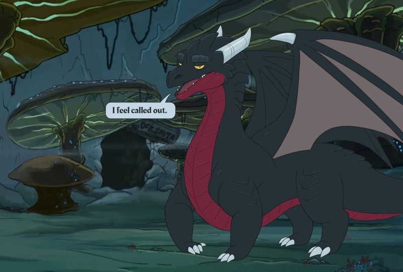 ambiguous_gender black_body black_scales claws dialogue feral horn looking_at_viewer red_body red_scales scales solo standing tail text unimpressed wings yellow_eyes unknown_artist adult_swim bad_dragon cartoon_network european_mythology mythology rick_and_morty duke_(bad_dragon) dragon mythological_creature mythological_scalie scalie western_dragon 2019 absurd_res hi_res meme reaction_image