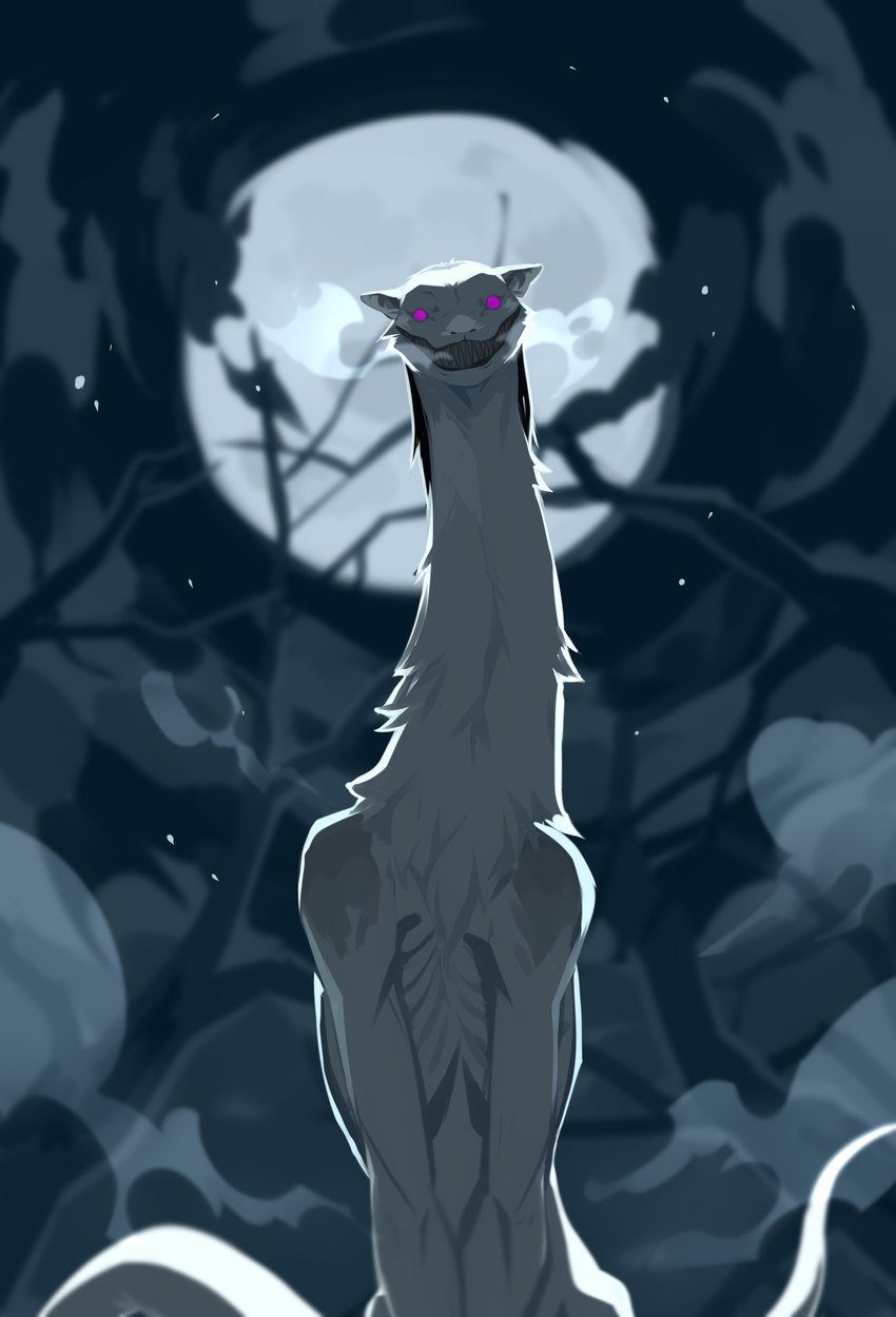 ambiguous_gender backlighting blurred_background breath feral front_view fur grin light long_neck looking_at_viewer moon neck_tuft night nightmare_fuel outside pink_eyes plant ribs sharp_teeth smile solo teeth tree tuft white_body white_fur corzh77 synx absurd_res hi_res lighting shaded