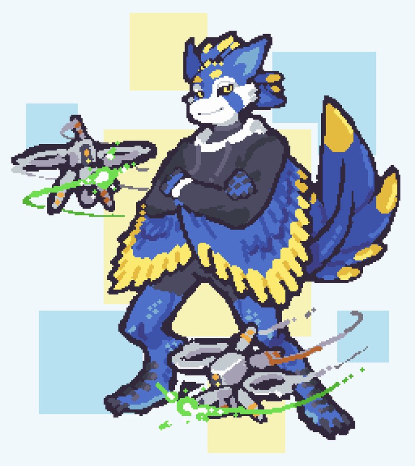 3_toes 4_ears anthro black_claws black_clothing black_hoodie black_sclera black_scutes black_topwear blue_body blue_ears blue_hair blue_inner_ear blue_wings claws clothed clothed_anthro clothed_male clothing drone drone_(vehicle) feathered_wings feathers feet fully_clothed_anthro fully_clothed_male furgonomics green_energy hair hoodie machine male male_anthro mouth_closed multi_ear scutes simple_background solo standing toe_claws toes topwear white_background winged_arms wings yellow_eyes yellow_wings x0triple0 mythology tenyi_(cobalt_the_jackal) avali avian male_(lore)