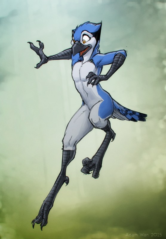 anthro avian_feet beak black_beak casual_nudity digitigrade feathers feet front_view male nude orange_eyes scuted_arms scutes simple_background solo talons toes zaush bj_(character) avian bird blue_jay corvid jay_(bird) new_world_jay oscine passerine 2015 digital_media_(artwork) hi_res