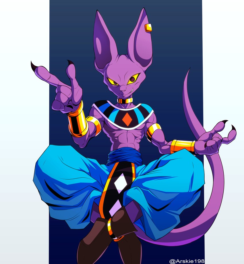 abs anthro armlet athletic athletic_male biped bottomwear bracelet claws clothed clothing collar crossed_legs ear_piercing hairless jewelry looking_at_viewer male pants piercing purple_body sitting solo yellow_sclera arskie198 dragon_ball dragon_ball_super beerus domestic_cat felid feline felis hairless_cat mammal sphynx_(cat) 2024 absurd_res hi_res