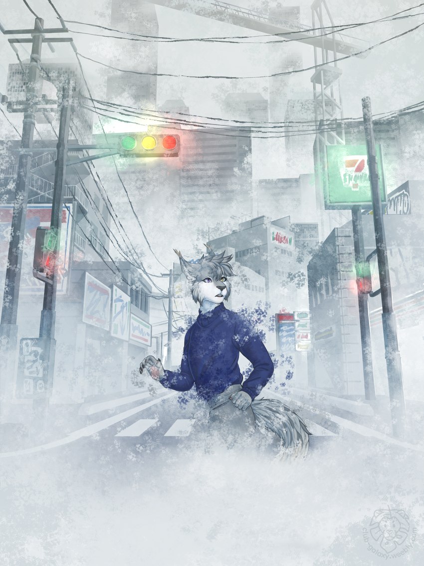 anthro city city_background cityscape clothed clothing disintegrating fog foggy_background grey_body lost male open_mouth outside sky solo masahikoko lewis_(uberrose) canada_lynx felid feline lynx mammal 3:4 digital_media_(artwork) hi_res