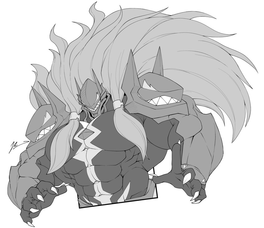 anthro biceps black_body claws hair male mask muscular muscular_anthro muscular_male pecs pose shoulder_pads smile smirk solo teeth yongdasom arc_system_works blazblue susano'o demon hi_res monochrome