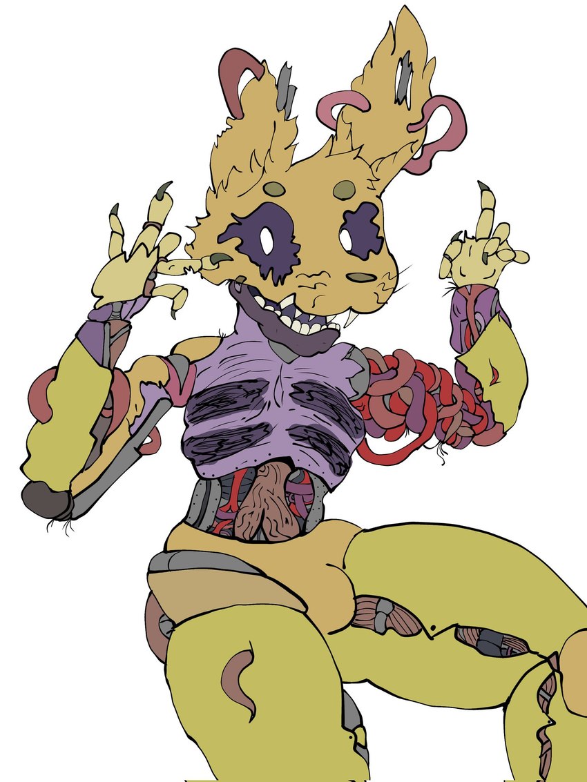 anthro bulge claws clothing fangs fur gore internal machine male open_mouth organs purple_body purple_sclera solo stomach teeth thick_thighs white_eyes wire yellow_body yellow_fur ralseibutbigger five_nights_at_freddy's five_nights_at_freddy's:_security_breach scottgames steel_wool_studios burntrap_(fnaf) animatronic lagomorph leporid mammal rabbit robot 2022 3:4 digital_media_(artwork) hi_res