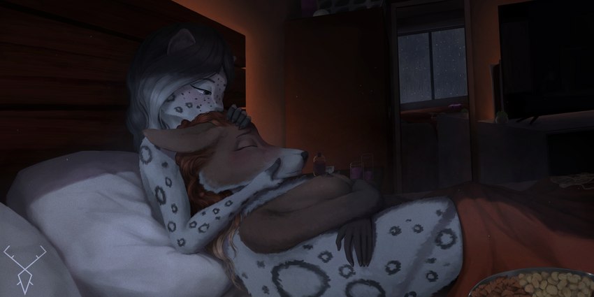 aftercare anthro areola bed bed_sheet bedding bedroom beverage big_ears breasts brown_body brown_fur chips_(food) colored_nails container cozy cuddling curled_hair duo ears_back electronics eyelashes eyes_closed female female/female food fur furniture glass grey_hair hair holding_head holding_partner hug inside kissing_head looking_at_another looking_at_partner looking_down looking_down_at_partner lying lying_on_another lying_on_partner medium_breasts mirror nails narrowed_eyes night nipples on_back orange_hair pillow pivoted_ears ps5_console raining small_ears small_nose smoothie spots television thick_thighs wavy_hair wide_hips window axislewdsrep doritos frito-lay claire_(axislewdsrep) vanessa_(axislewdsrep) canid canine canis felid feline felis mammal maned_wolf pantherine snow_leopard 2:1 absurd_res colored hi_res shaded