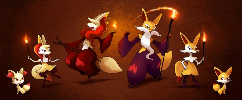 alternate_color beard brown_background duo evolutionary_family facial_hair female fire grumpy happy inner_ear_fluff magic male sexual_dimorphism simple_background smile stick tuft arkeis-pokemon nintendo pokemon braixen canid canine delphox fennekin generation_6_pokemon mammal pokemon_(species) digital_media_(artwork)