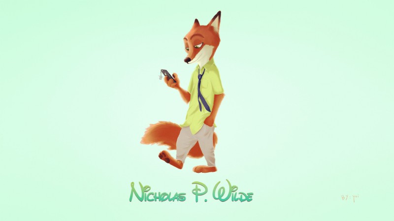 3_toes 4_fingers anthro barefoot cellphone clothed clothing duo electronics feet fingers fluffy fluffy_tail fully_clothed fur hand_in_pocket holding_object holding_phone looking_down male necktie on_one_leg phone phone_charm pockets shirt side_view standing tail text toes topwear yoshikawayoi disney zootopia nick_wilde canid canine fox mammal red_fox true_fox character_name digital_media_(artwork) hi_res