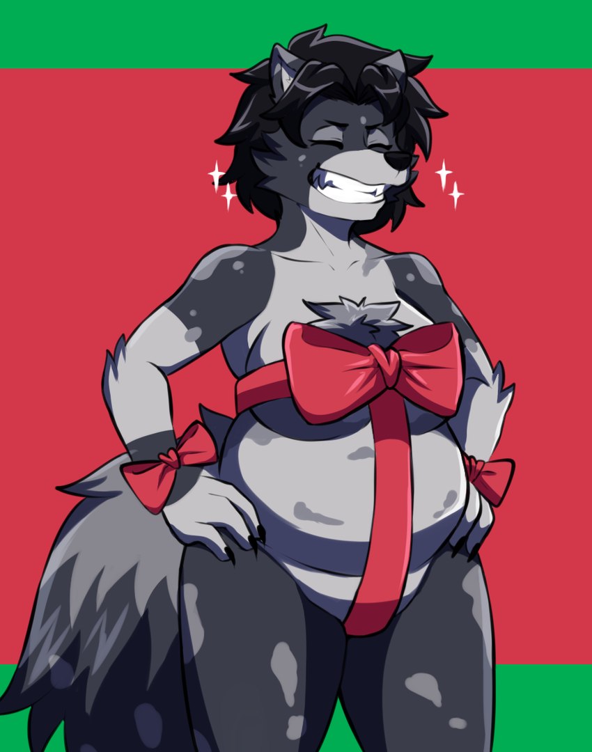 anthro belly black_hair breasts chest_tuft christmas_clothing clothing eyes_closed female festive fluffy fluffy_tail fur grey_body grey_fur hair hands_on_hips holidays ribbed_clothing ribbons slightly_chubby slightly_chubby_female smile solo spots standing tail thick_thighs toothy_grin tuft white_belly zairuz christmas lilithdog canid canine canis mammal wolf intersex_(lore)