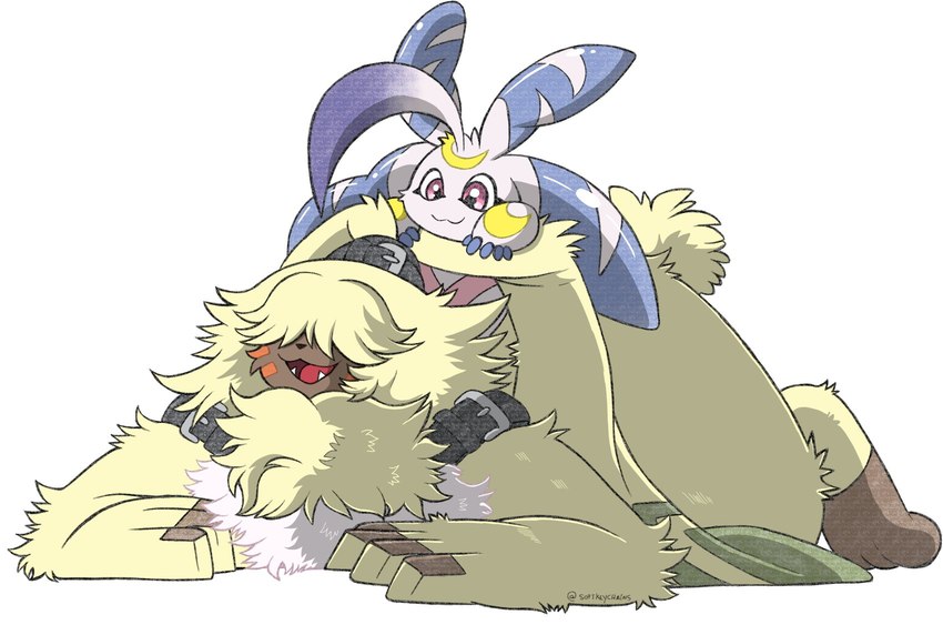 anthro belt fluffy fur hair hair_over_eyes long_ears male ponytail_ears size_difference yellow_body yellow_fur portugueselynx bandai_namco digimon angoramon digimon_(species) lagomorph leporid lunamon mammal rabbit hi_res