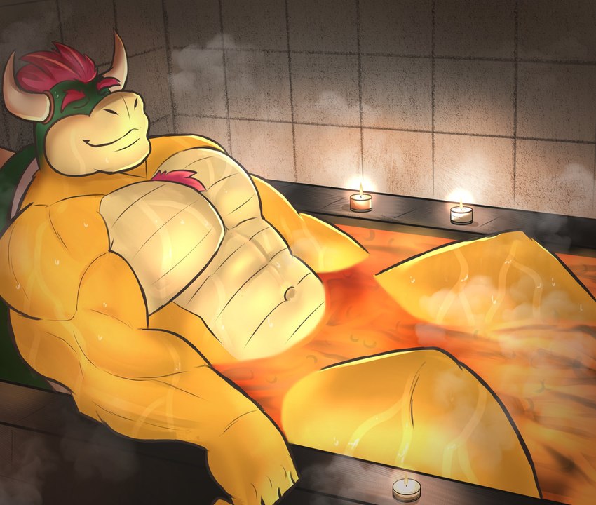 abs anthro barazoku bathing bathroom bathtub biceps big_muscles body_hair candle chest_hair deltoids eyebrows eyes_closed fire hair horn inside lava male muscular muscular_anthro muscular_male navel nude pecs relaxing shell sitting smile smoke solo spiked_shell spikes spikes_(anatomy) thick_arms wet wet_body obenpanda mario_bros nintendo bowser koopa reptile scalie turtle 2025 hi_res