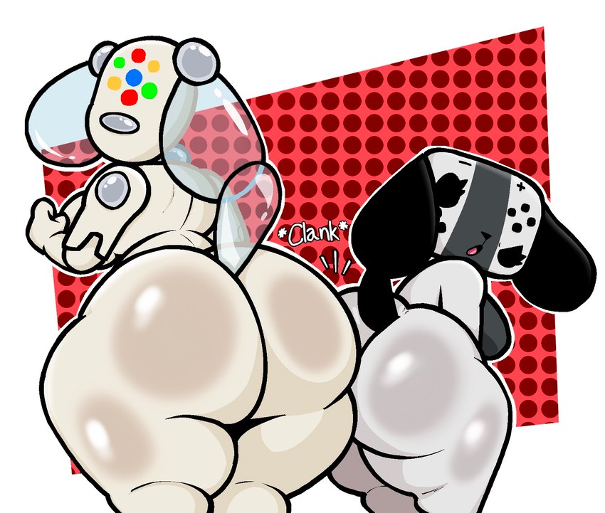 anthro ass_to_ass big_butt butt butt_bump duo female female/female looking_at_viewer looking_back machine short_stack tail thick_thighs lewdewott nintendo nintendo_switch switch_dog canid canine canis domestic_dog idog mammal robot digital_media_(artwork) hi_res