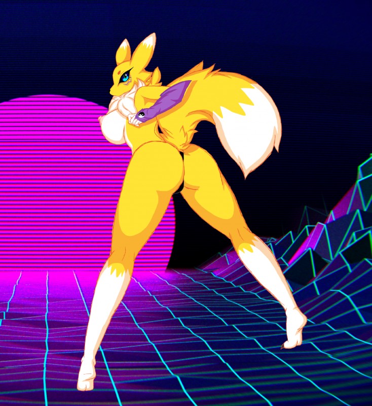 1990s anthro areola armwear big_butt breasts bridal_gauntlets butt clothed clothing female fluffy fur grid long_legs nipples pose rear_view side_boob solo standing synthwave thong topless underwear yellow_body yellow_fur cocaine-leopard conditional_dnp bandai_namco digimon canid canine digimon_(species) mammal renamon hi_res