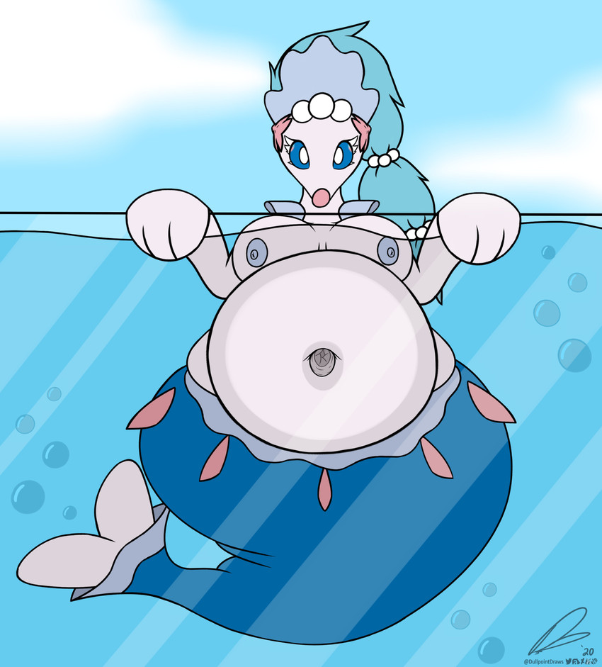 against_surface anthro areola belly belly_focus belly_on_glass big_belly blue_areola blue_eyes blue_hair blue_nipples breasts bubble deep_navel detailed_navel eyelashes female front_view gem hair looking_at_viewer navel nipples on_glass overweight overweight_female partially_submerged pearl_(gem) pink_nose ponytail simple_background solo water white_body white_eyelashes dullpoint nintendo pokemon generation_7_pokemon pokemon_(species) primarina absurd_res digital_media_(artwork) hi_res