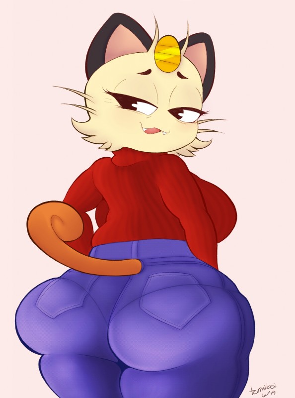 anthro big_butt butt clothing coin female looking_back mature_anthro mature_female simple_background solo sweater topwear termiboi nintendo pokemon felid generation_1_pokemon mammal meowth pokemon_(species) hi_res signature