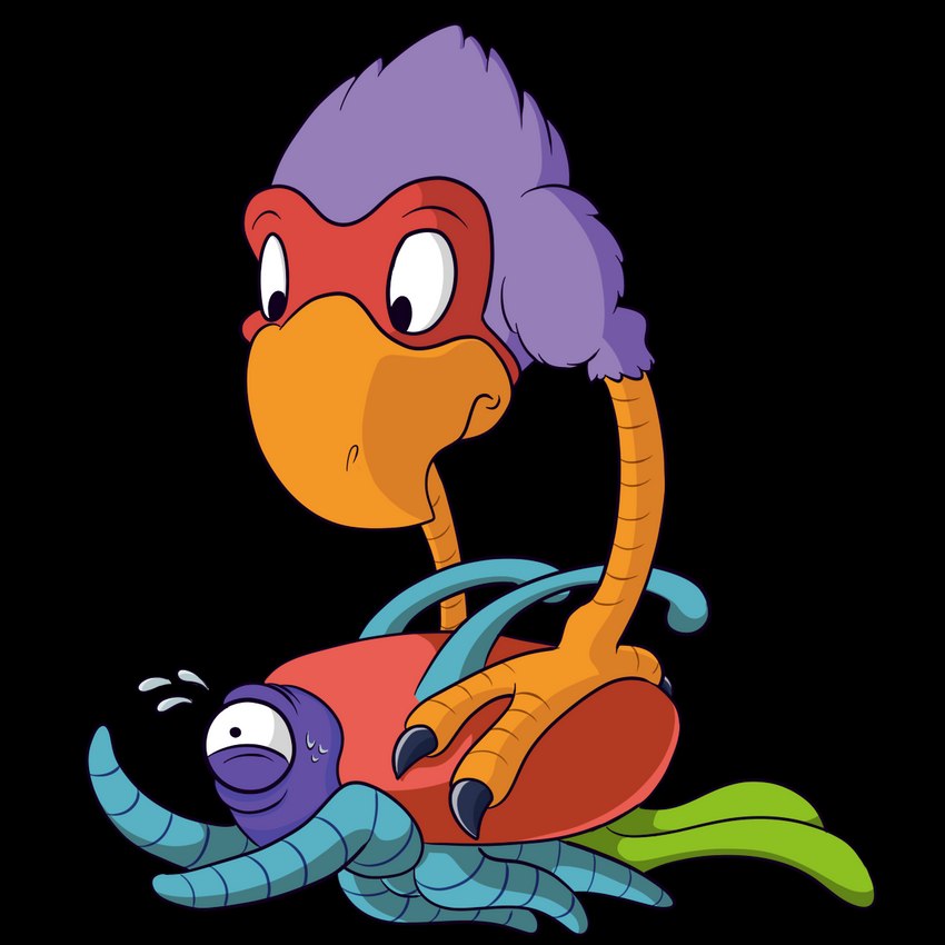 1_eye beak black_eyes bodily_fluids duo feathers feet purple_body purple_feathers purple_skin red_body red_skin sweat talons tentacles toes sloth-power dragon_quest square_enix avian bird raving_lunatick_(dragon_quest) waddling_head weaken_beakon_(dragon_quest) 1:1 alpha_channel hi_res