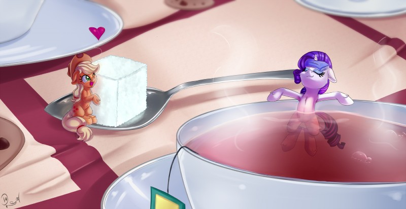 beverage blue_eyeshadow clothing container cookie cup cutie_mark cutlery duo eyes_closed eyeshadow female feral food freckles green_eyes hair hat headgear headwear heart_symbol horn hug in_beverage in_container in_cup kitchen_utensils long_hair makeup micro one_eye_closed open_mouth purple_hair spoon sugar sugar_cube tea tools thediscorded friendship_is_magic hasbro my_little_pony mythology applejack_(mlp) rarity_(mlp) earth_pony equid equine horse mammal mythological_creature mythological_equine pony unicorn 2016 hi_res