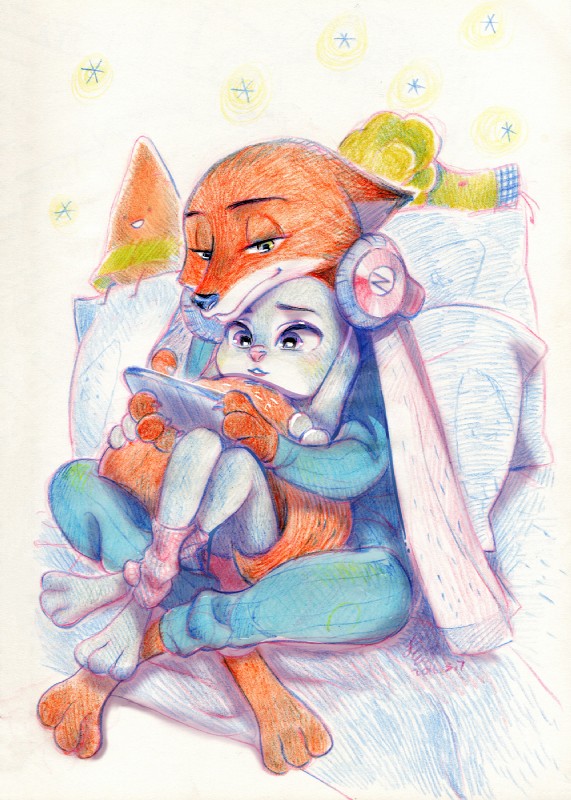 anthro barefoot claws clothing cuddling duo electronics feet female fur green_eyes grey_body grey_fur headphones leg_warmers legwear long_ears male orange_body orange_fur purple_eyes simple_background sitting smile tail tail_hug weketa disney zootopia judy_hopps nick_wilde canid canine fox lagomorph leporid mammal rabbit red_fox true_fox 2016 hi_res