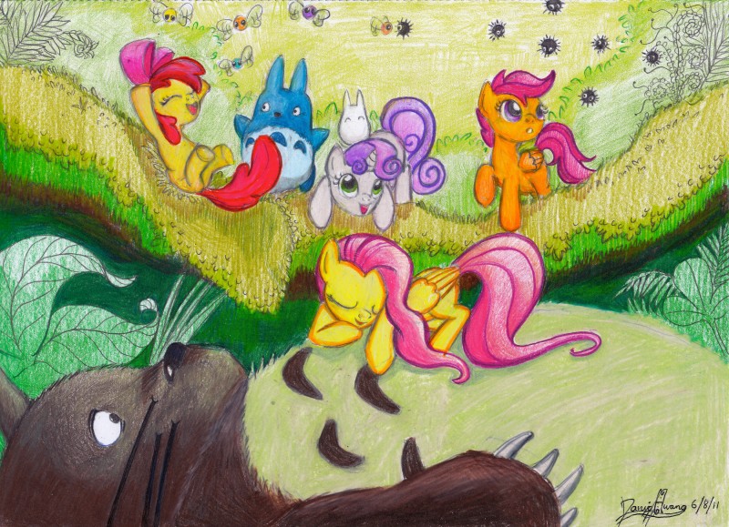 feathered_wings feathers female feral group horn orange_body orange_feathers quadruped tail wings yellow_body yellow_feathers young young_feral invalid-david friendship_is_magic ghibli hasbro my_little_pony my_neighbor_totoro mythology apple_bloom_(mlp) cutie_mark_crusaders_(mlp) fluttershy_(mlp) scootaloo_(mlp) sweetie_belle_(mlp) totoro earth_pony equid equine horse mammal mythological_creature mythological_equine parasprite_(mlp) pegasus pony soot_sprite_(ghibli) unicorn absurd_res crossover hi_res