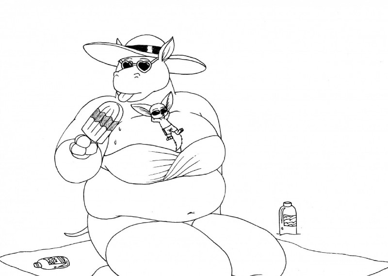 anthro beach big_ears bikini breast_pillow breasts clothing dessert duo eyewear female food ice_cream kneeling male navel on_towel outside overweight popsicle seaside simple_background size_difference solo_focus sunglasses sunscreen swimwear tongue towel two-piece_swimsuit white_background bernielover disney zootopia finnick_(zootopia) canid canine common_hippopotamus fennec_fox fox hippopotamid mammal true_fox monochrome