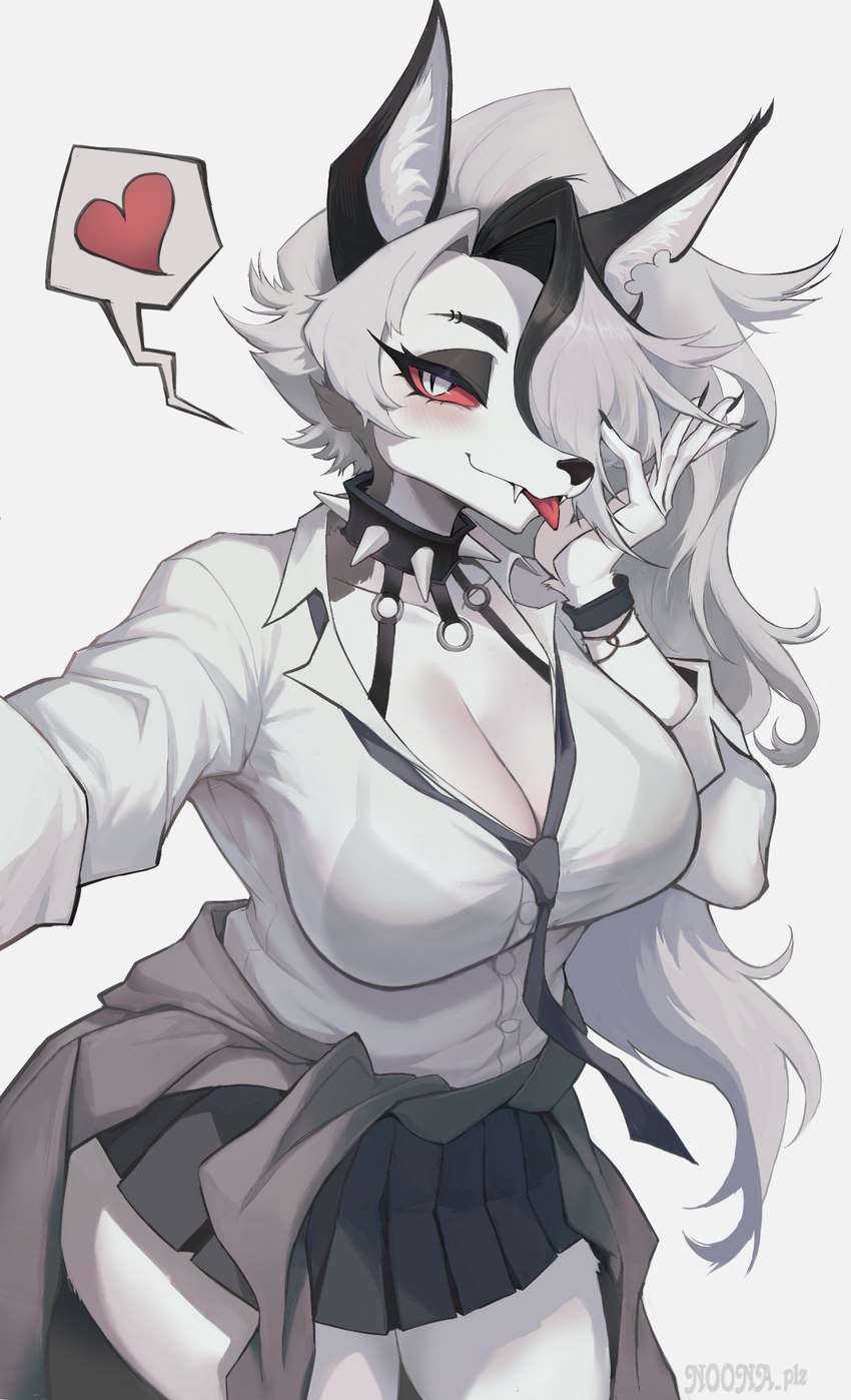 anthro big_breasts black_clothing black_nails bottomwear bra breasts cleavage clothed clothing collar colored_nails eyebrow_piercing eyelashes eyeshadow facial_piercing fangs female fur grey_hair hair heart_symbol highlights_(coloring) hole_in_ear inner_ear_fluff jacket_around_waist long_hair looking_at_viewer makeup nails necktie piercing red_sclera selfie shirt simple_background skirt smile smiling_at_viewer solo spiked_collar spikes teeth tongue tongue_out topwear translucent translucent_clothing tuft underwear white_background white_body white_clothing white_eyes white_fur wristband noona_plz helluva_boss mythology loona_(helluva_boss) canid canid_demon canine demon hellhound mammal mythological_canine mythological_creature hi_res portrait signature