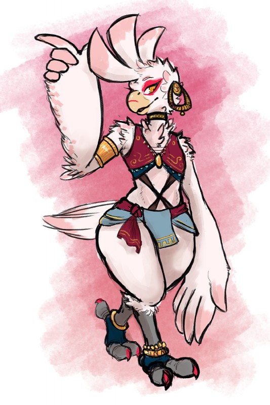 anklet anthro armlet beak clothed clothing collar ear_piercing eyeshadow feathers feet female flat_chested footwear gerudo_outfit jewelry looking_at_viewer makeup piercing simple_background smile solo talons toes white_background white_body white_feathers yellow_eyes dovne breath_of_the_wild nintendo the_legend_of_zelda dovne_(character) avian bird cockatoo parrot rito 2017 2:3 hi_res pink_theme