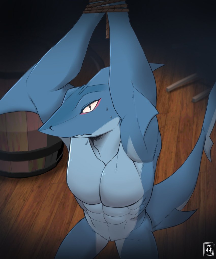 abs animal_genitalia anthro barrel blue_body bodily_fluids bound captured elbow_fin genital_slit genitals kneeling male muscular raised_arms sharp_teeth solo sweat teeth exsys slade_(dungeons_of_aether) fish marine shark 2021 5:6 hi_res