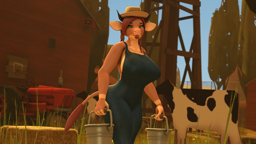 anthro barn basketball_hoop big_breasts breasts brown_body brown_hair bucket clothing container day farm female grass green_eyes hair hat hay hay_bale headgear headwear horn looking_at_viewer overalls pigtails plant solo tractor tree vehicle thevestige gloria_abuton bovid bovine cattle mammal 16:9 3d_(artwork) digital_media_(artwork) hi_res source_filmmaker_(artwork) widescreen