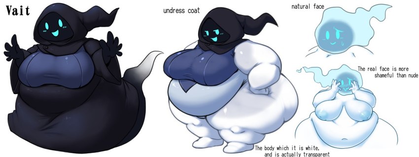 areola bad_english belly bodily_fluids clothing embarrassed female glowing glowing_eyes glowing_face glowing_mouth hood nude obese obese_female overweight overweight_female robe sexy_eyes solo sweat text thick_thighs wide_hips x_no_na_x yosioka_san vait ghost spirit digital_media_(artwork) english_text model_sheet