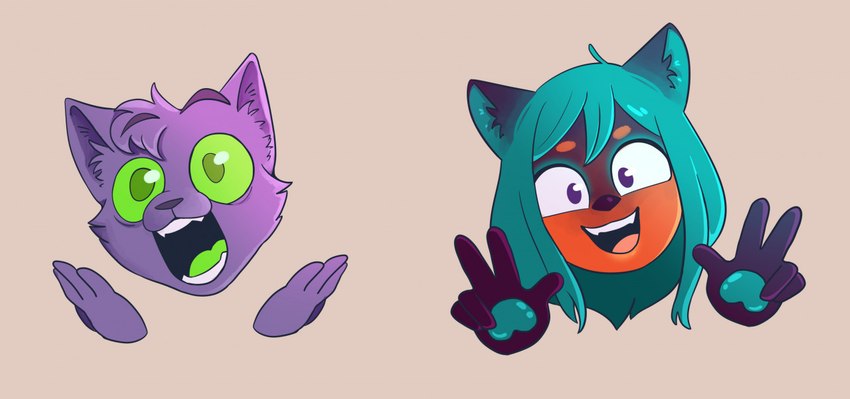 ambiguous_gender anthro double_v_sign duo floating_hands floating_head gesture green_eyes green_hair green_tongue hair hand_gesture open_mouth pawpads purple_body sticker tongue v_sign dragon_well ych_(character) felid feline mammal species_request digital_media_(artwork) headshot_portrait portrait