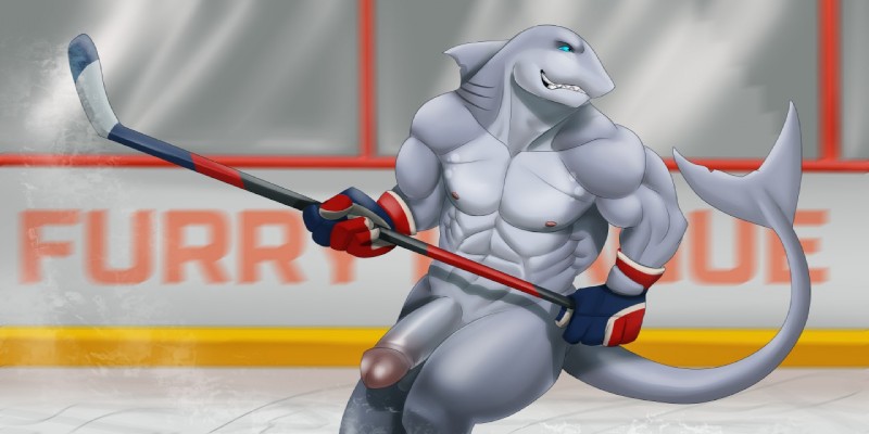 abs anthro balls biceps blue_eyes clothing fin genitals gills glans gloves grey_body grey_penis grey_skin half-erect handwear hockey hockey_stick humanoid_genitalia humanoid_penis male mostly_nude muscular muscular_anthro muscular_male navel nipples pecs penis pink_nipples sharp_teeth smile solo sport teeth marsel-defender george_gilliam fish marine shark 2016 2:1