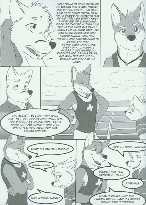 anthro boat dialogue duo male text vehicle watercraft fluke motion_of_the_ocean elliot_(fluke) ryan_(fluke) canid canine mammal comic english_text greyscale hi_res monochrome