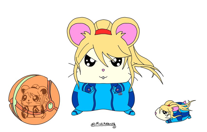 alternate_species blonde_hair blue_clothing blue_skinsuit clothing female feral fur hair hamster_ball multiple_poses ponytail pose skinsuit solo tight_clothing white_body white_fur mseadvanced1 metroid nintendo hamus samus_aran cricetid hamster mammal rodent hi_res