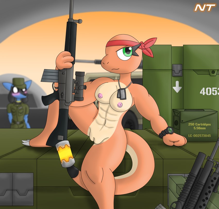 abs accessory ammo_box anthro ar-18 assault_rifle belly breasts car clock clothing crate dog_tags eyelashes female genitals green_eyes grenade_launcher gun hat headband headgear headwear holding_gun holding_object holding_ranged_weapon holding_weapon military military_cap military_clothing military_uniform military_vehicle muscular muscular_female navel nipples non-mammal_breasts non-mammal_navel non-mammal_nipples nude nude_anthro nude_female orange_body pokemorph pussy ranged_weapon rifle scope sitting sitting_on_crate solo spread_legs spreading tail tan_belly uniform vehicle watch weapon ninjatreecko humvee nintendo pokemon background_character ember_fuegez fan_character charmander generation_1_pokemon generation_4_pokemon pokemon_(species) reptile riolu scalie hi_res