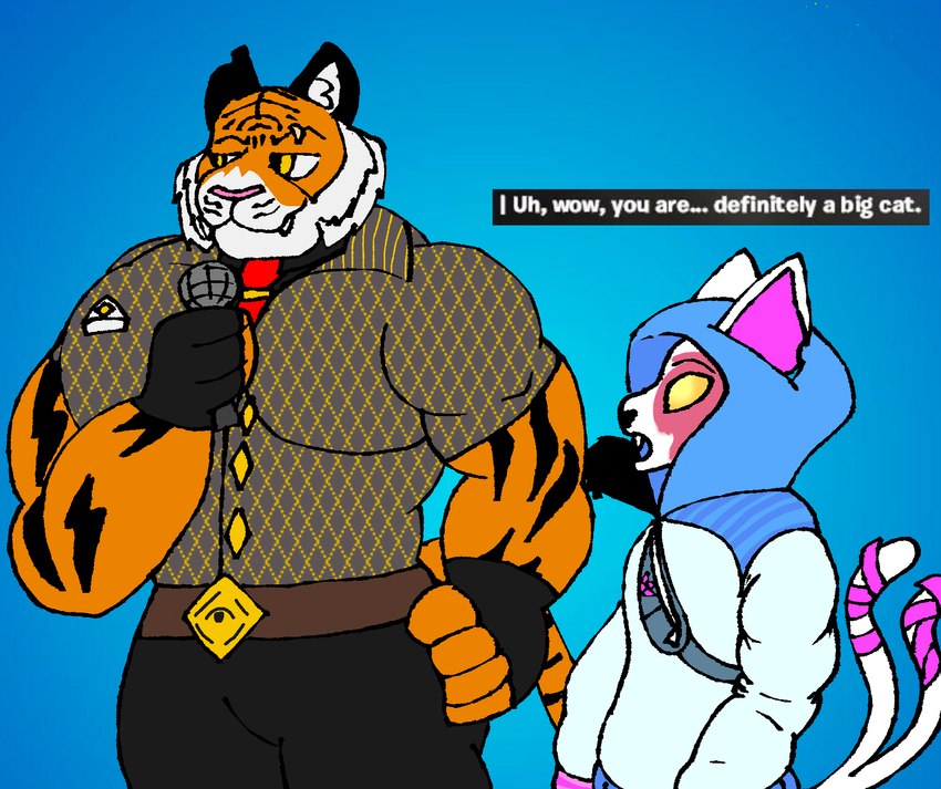 anthro belt bottomwear clothed clothing duo electronics fingerless_gloves fur gloves half-closed_eyes handwear hoodie male male/male microphone multicolored_body multicolored_fur muscular muscular_anthro muscular_male narrowed_eyes necktie open_mouth pants pecs simple_background smile stripes tail teeth topwear tourmaline_shark_(artist) epic_games fortnite tyler1 nyanja_(fortnite) oscar_(fortnite) domestic_cat felid feline felis mammal pantherine tiger digital_media_(artwork) hi_res