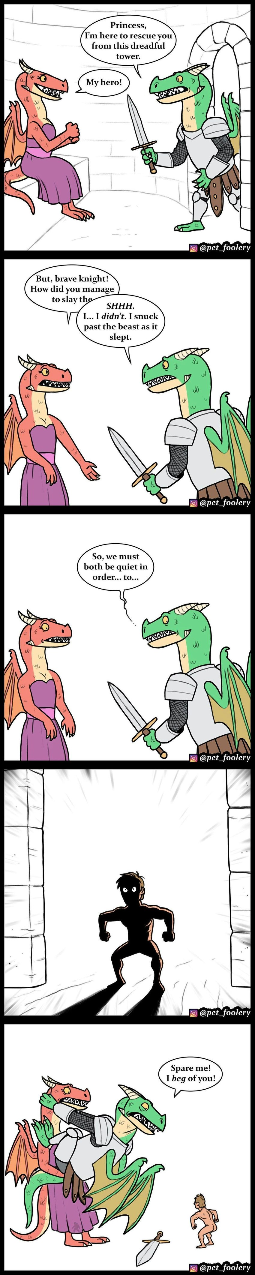 anthro armor butt clothed clothing dialogue female group humor larger_female larger_male male melee_weapon membrane_(anatomy) membranous_wings nude role_reversal size_difference smaller_male sword tail text trio weapon wings pet_foolery mythology dragon human mammal mythological_creature mythological_scalie scalie absurd_res english_text hi_res long_image tall_image