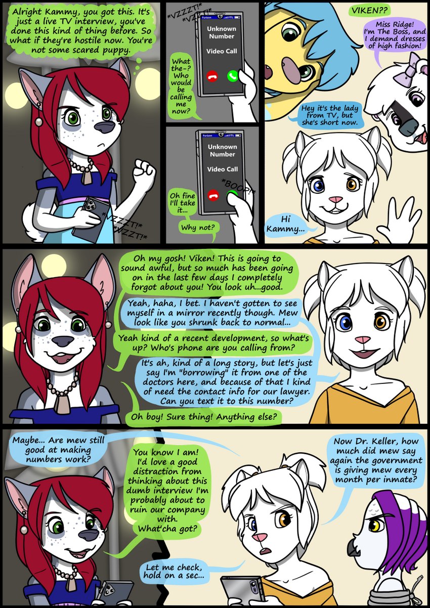 anthro biped bound clothing detailed_background dialogue electronics female fur group hair phone shirt speech_bubble standing text topwear young kammypup_(artist) runt_(artist) kammypup 2020 artist_collaboration comic english_text hi_res