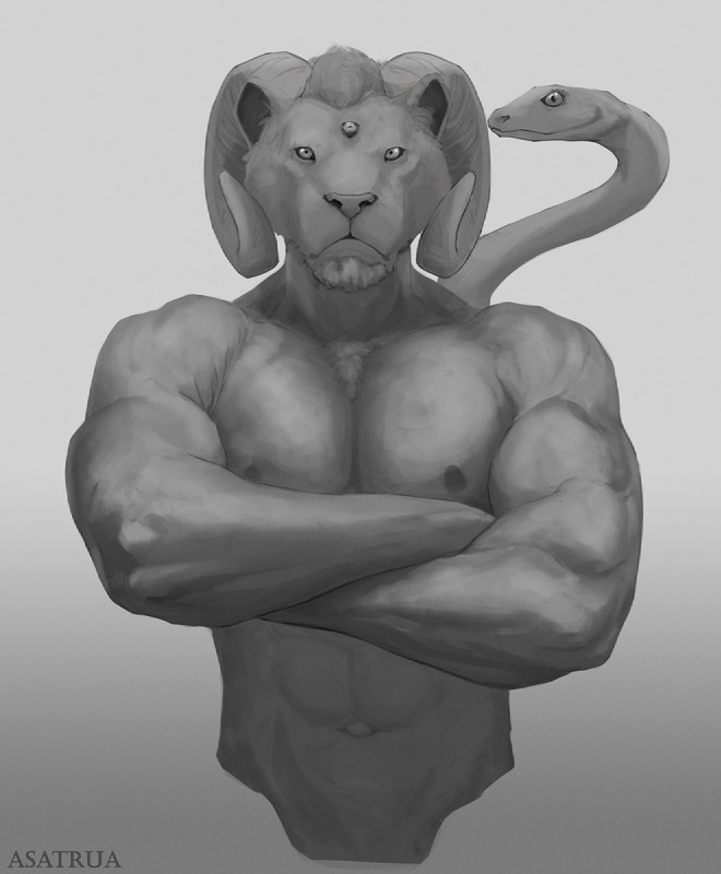 anthro facial_hair goatee greek horn kemono living_tail male multi_eye muscular muscular_anthro muscular_male nipples pecs snake_tail solo tail unusual_anatomy unusual_tail asatrua chimera felid hybrid lion mammal pantherine reptile scalie snake hi_res