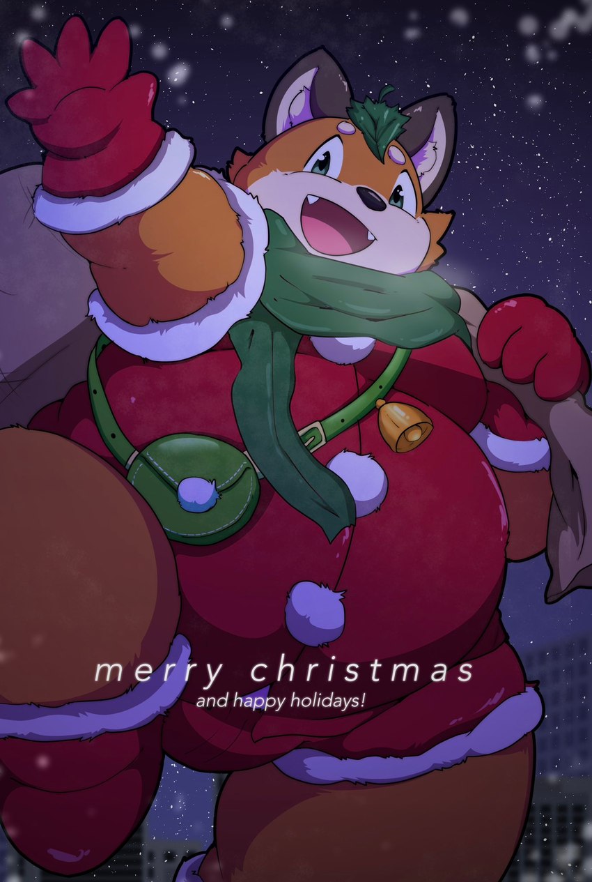 anthro belly big_belly clothed clothing costume gloves handwear holidays kemono male night open_mouth outside overweight overweight_male santa_costume snow snowing solo text kusosensei christmas santa_claus canid canine fox mammal 2024 english_text hi_res