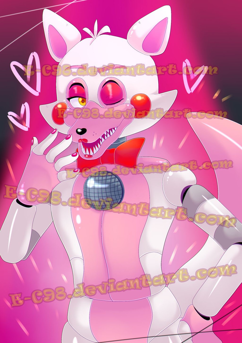 anthro bow_tie colored_nails dipstick_tail freckles hand_on_hip head_tuft heart_symbol lipstick long_tail looking_aside machine makeup male markings multicolored_body multicolored_tail nails one_eye_closed open_mouth open_smile pink_tail_tip raised_arm red_cheeks smile solo speaker tail tail_markings tuft white_body wink yellow_eyes e-c98 five_nights_at_freddy's scottgames sister_location funtime_foxy_(fnaf) animatronic canid canine fox mammal robot 2016 distracting_watermark hi_res unavailable_at_source watermark