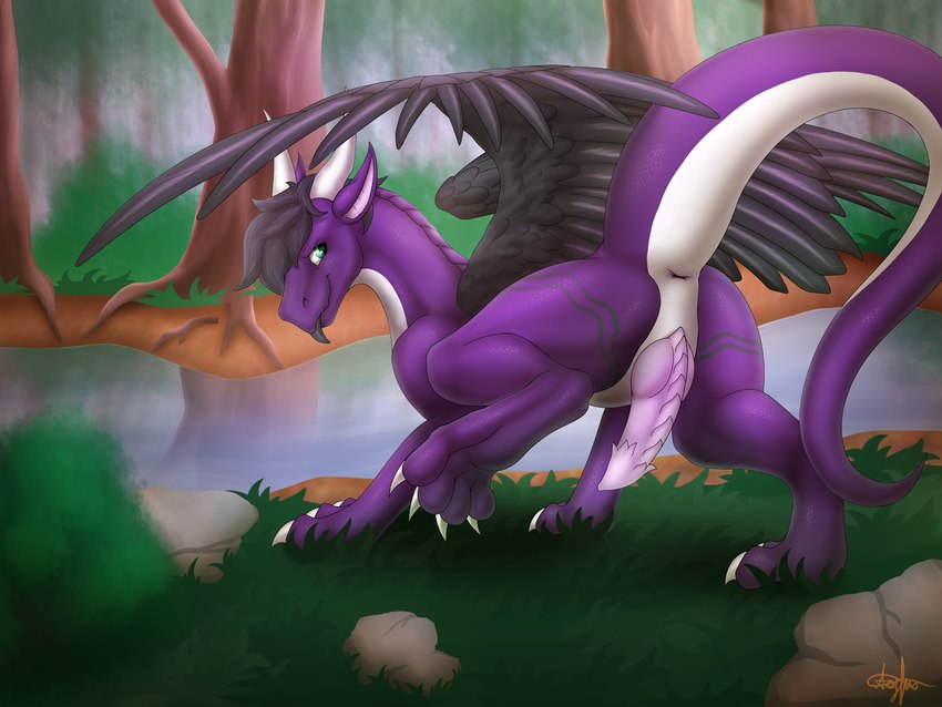 blep claws feathers forest genitals male non-mammal_ears penis plant presenting purple_body river solo tongue tongue_out tree watering adrim european_mythology mythology dragon feathered_dragon feathered_scalie mythological_creature mythological_scalie scalie western_dragon hi_res