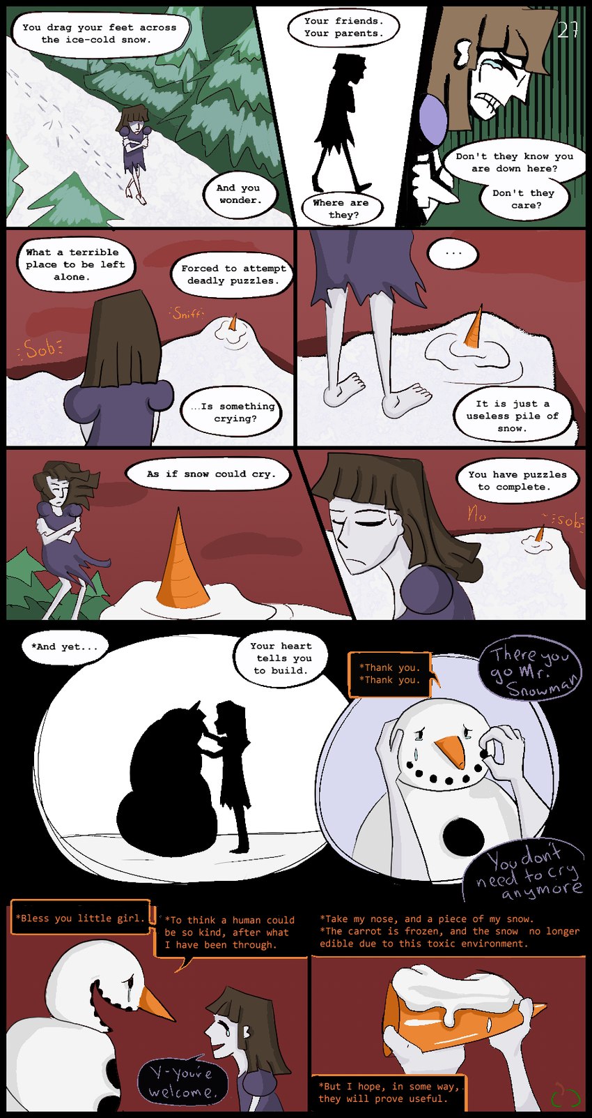 alternate_universe barefoot brown_hair carrot clothed clothing dialogue feet female food hair male not_furry plant snow snowman speech_bubble text vegetable white_body sour-apple-studios horrortale undertale undertale_(series) aliza_(horrortale) human humanoid mammal snowman_(species) comic english_text hi_res