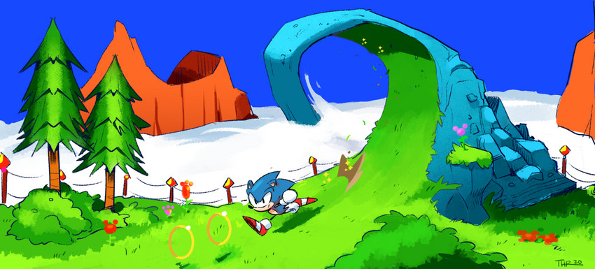 anthro black_eyes blue_body blue_fur blue_sky clothing day flower footwear fur game_pickup gloves grass handwear hill_top_zone male mountain outside plant ring_(sonic) running shoes shrub sky smile solo tree ballad-of-gilgalad classic_sonic_(universe) sega sonic_the_hedgehog_(series) classic_sonic sonic_the_hedgehog eulipotyphlan hedgehog mammal 2020 hi_res